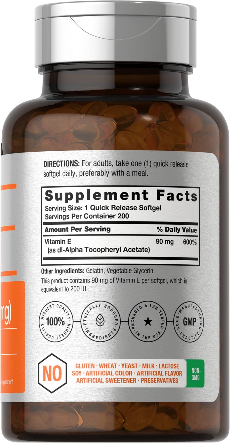 Horbäach Vitamin E Supplement | 200 IU (90 mg) | 200 Softgel Capsules | Non-GMO and Gluten Free Formula 200 Count (Pack of 1) - BeesActive Australia