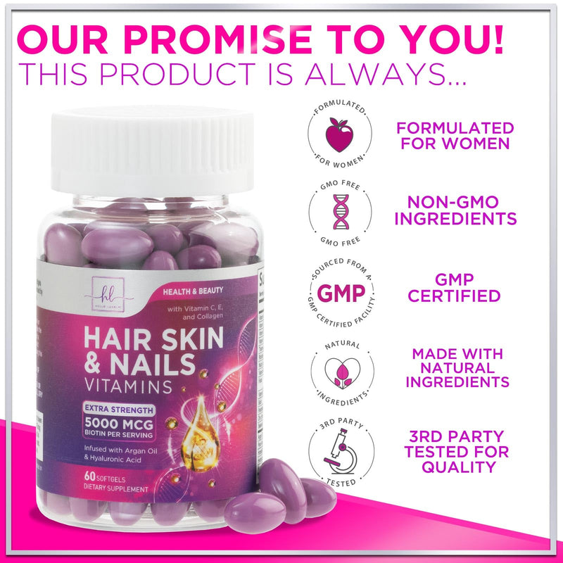 Hair Vitamins for Women for Hair Growth - Argan-Infused Supplement with Collagen, Biotin and Hyaluronic Acid - Supports Faster Hair Growth, Skin & Nails Beauty Vitamins, Bottled in USA - 60 Softgels 60 Count (Pack of 1)