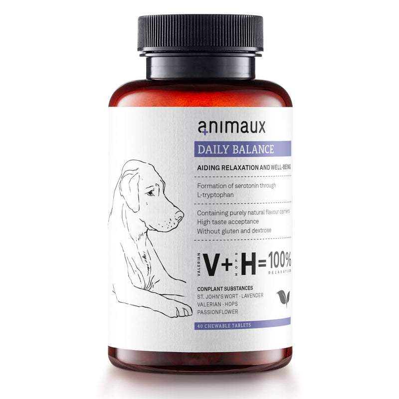 animaux Daily Balance – 40 chewable tablets – Herbal calming treats for dogs with anxiety, stress & nervousness, with Valerian, St. John's Wort & Lavender