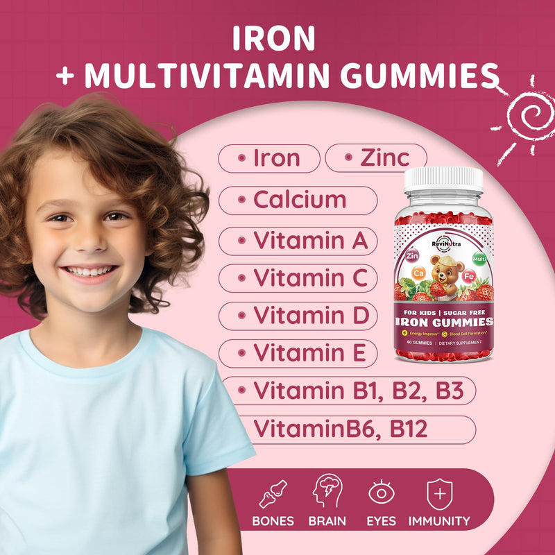 Iron Supplement Gummies for Kids - with Calcium, Zinc, Kids Multivitamin with Iron Gummies - Immune Support, Blood Builder & Energy Support for Iron Deficiency - 2 Pack Strawberry Flavour, 60 Gummies 60 Count (Pack of 2)