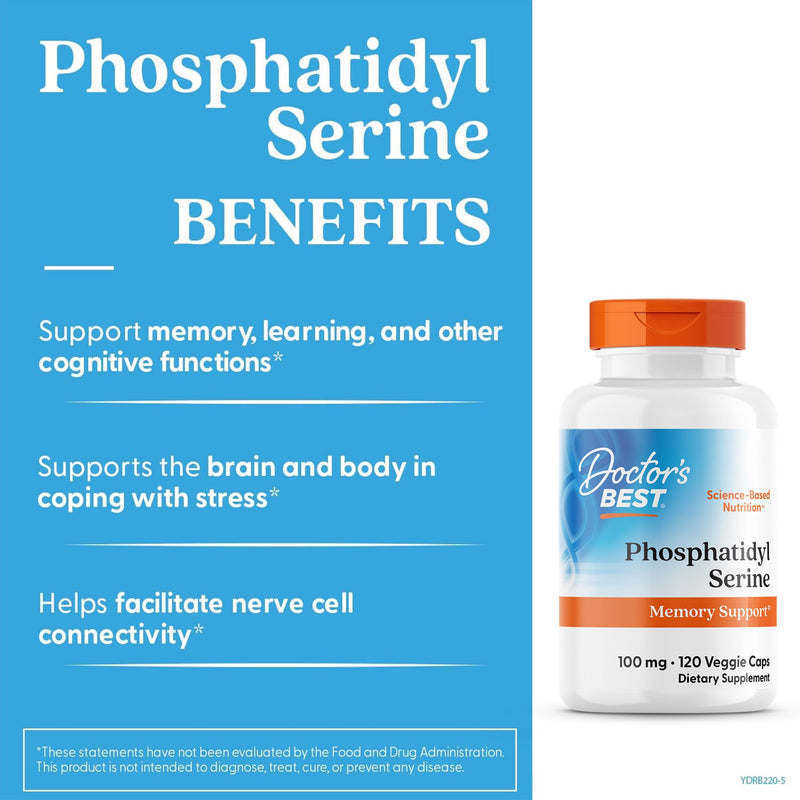 Doctor's Best Phosphatidylserine Supplement 100 mg - Phosphatidyl Serine Capsules for Men & Women, Memory & Cognitive Support for Adults, Supports Brain Health, Gluten Free, Vegan - 120 Veg Caps 120 Count (Pack of 1)