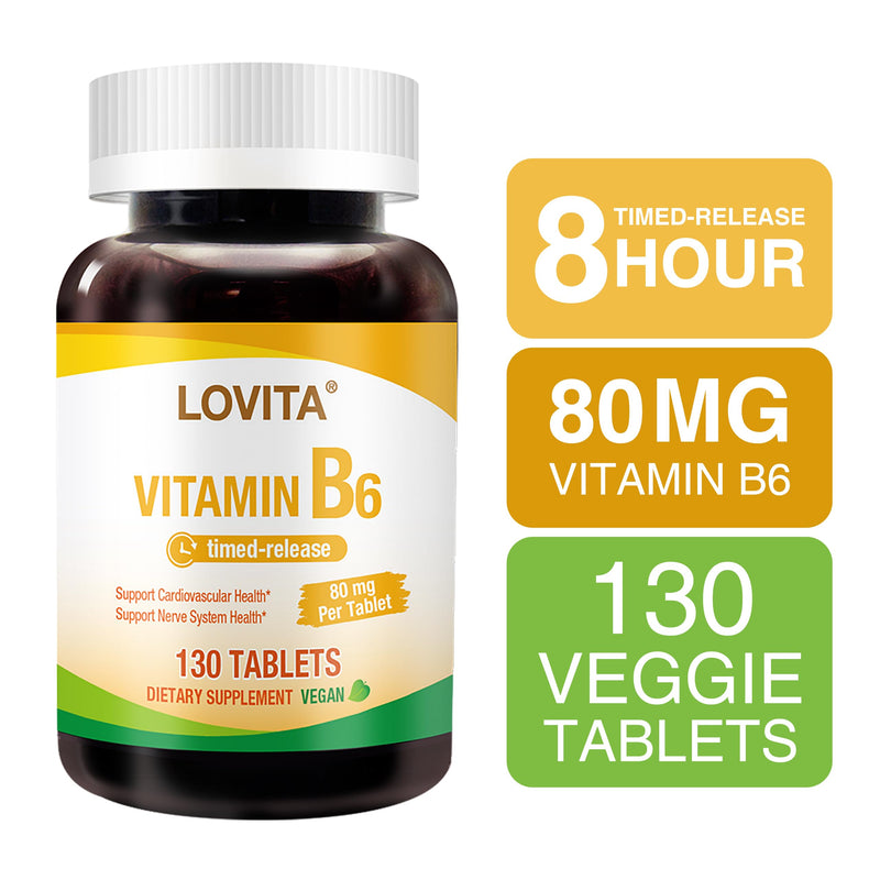 LOVITA Vitamin B6 (Pyridoxine Hydrochloride) 80mg, Timed Release, 8 Hours Sustained, Support Cardiovascular & Nerve Health, 130 Vegan Tablet