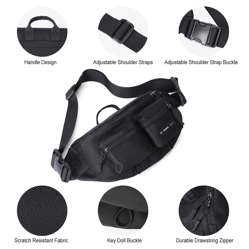 Fanny Pack for Women Men Crossbody Bag with 6-Zipper Pocket Adjustable Strap Black Fanny Packs Sling bag for Men Outdoor Travel Sports Hiking Running A-Black