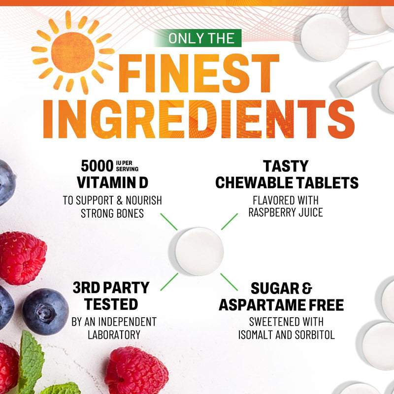 Vitamin D3 5000iu (125 mcg) Per Serving - 3X Strength Immune Health Support Vitamin D Dietary Supplement for Bone, Teeth, Muscle - Vit D, Vegan, Gluten Free, Raspberry Flavor - 60 Chewable Tablets 60 Count (Pack of 1)