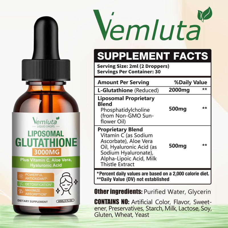 2 Pack 3000mg Liposomal Glutathione Liquid Drops, 98% Absorption Liposomal Glutathione with Vitamin C for Women, Glutathione Liposomal Supplement, Powerful Antioxidant Complex for Immune System, Liver