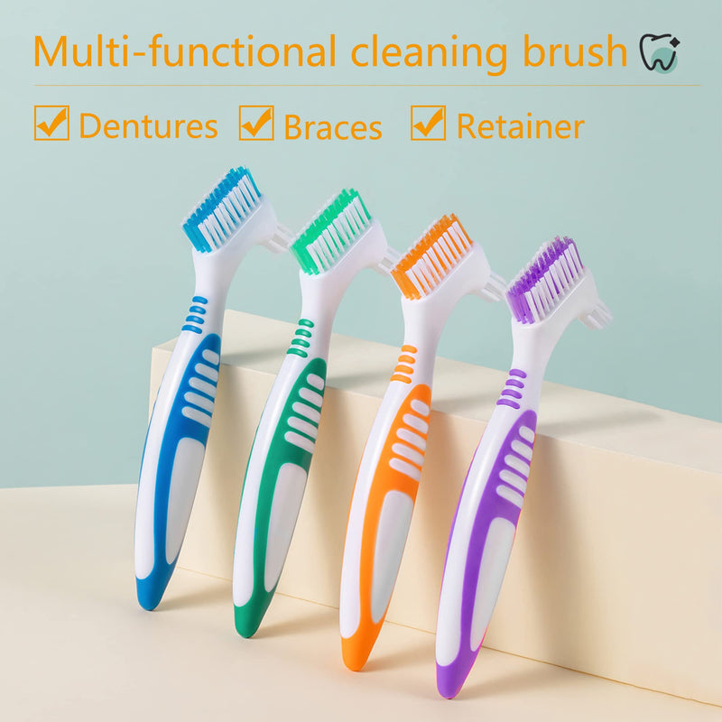 Denture Brush 4Pcs Denture Toothbrushes，Denture Cleaning Care Cleaning Brush ，Double Sided Toothbrush，Multi-Layered Bristles and Rubber Anti-Slip Handle (Purple, Green, Blue, Orange) 4 Color - BeesActive Australia