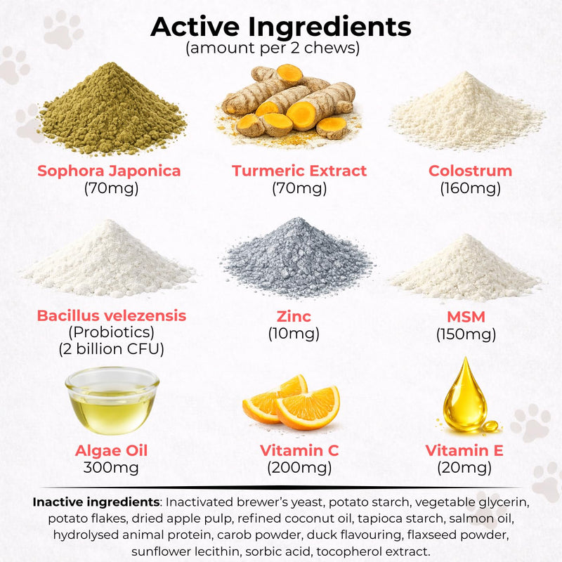 EQ K9 Anti Itch & Allergy Relief for Dogs, Stops Scratching, Paw Licking & Hot Spots, Duck-Flavour Chews, Skin & Coat Relief with Omega 3 & Probiotics, Dog Itchy Skin Relief, Small, Medium, Large Pets
