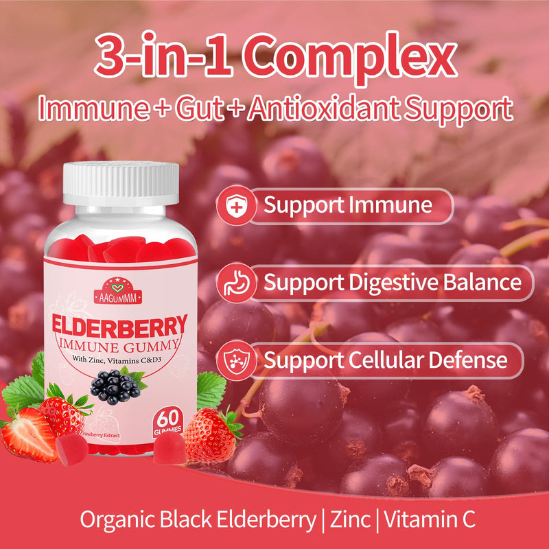 Elderberry Immune Gummies, Daily Immune Support for Adults, | with Vitamin C, Vitamin D3, Zinc, Gluten Free, Vegetarian, Strawberry Flavor,60 Gummies