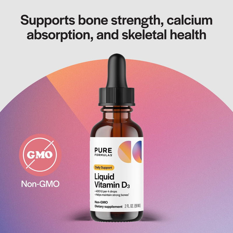 PureFormulas Liquid Vitamin D3 for Bone Health Supplement, Non-GMO Vitamin D3 Drops to Support Calcium Absorption, Easy-to-use Dropper Bottle, Kosher, GMP Assured, 2 Fl. Oz (60 ml)