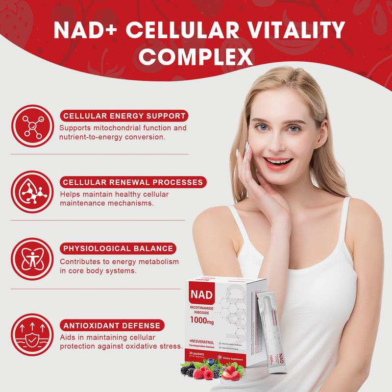 NAD+ Supplement 1000mg – NAD Liquid Stick Packs with Nicotinamide, Resveratrol, PQQ & Quercetin – Berry Flavor – Supports Cellular Energy, Focus & Healthy Aging – 30 Packets