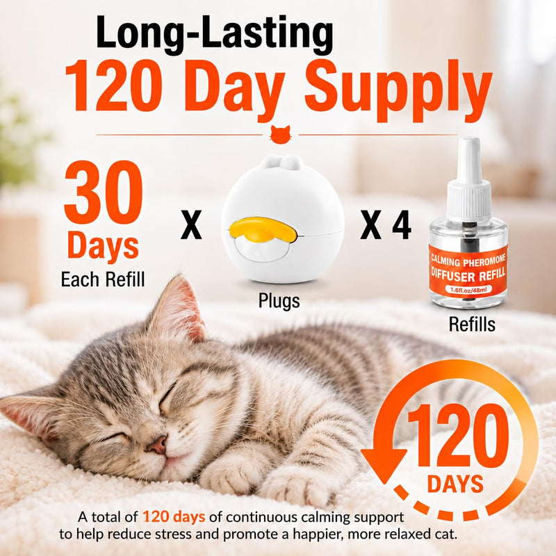 Cat Calming Diffuser - 6 in 1 Kit Cat Pheromones Calming Diffuser for Anxiety Relief, Stress, Excessive Meowing & Scratching, 120 Day Supply 2 Plug in + 4 Pack 48ml Refill (Tasteless)
