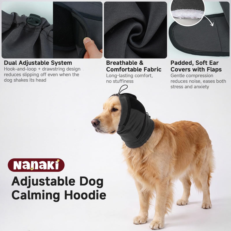 Nanaki Dog Calming Hoodie & Ear Cover,Extra Large July 4th Head Wrap with Ear Pads - No-Shake Hematoma Protection,Noise Cancelling for Fireworks,Grooming, Blow Dryer & Bath,Ear Warmers Grey X-Large