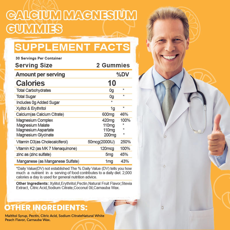 Calcium Magnesium Gummies for Adult: with Zinc Vitamin D3 K2 | Organic Sugar Free Vegan Chewable Gummy for Women - High Absorption Supplement for Immune Strength 60 Count (Pack of 1)