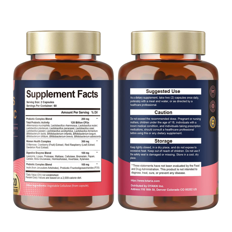 Totaria (2 Packs) Probiotics for Women, 120 Billion Women Probiotic, Digestive Enzymes & Prebiotics, with Akkermansia, Cranberry, D-Mannose, for Gut, Urinary, Immune, PH Balance, 240 Vegan Capules 120 Count (Pack of 2)