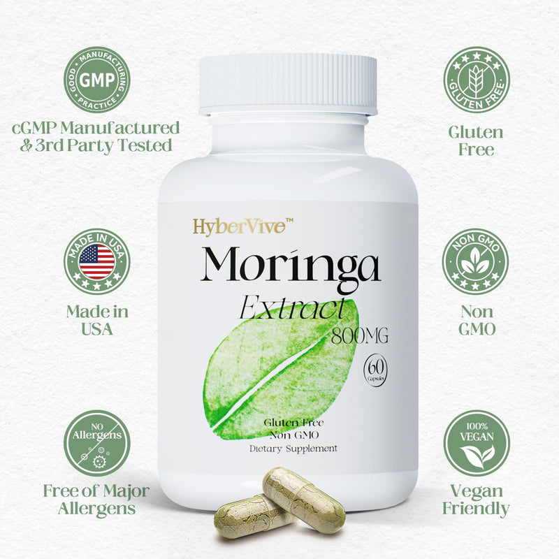 Moringa Pure Capsules 800mg Supplment, Supports Energy, Skin & Gut Health, Non-GMO & Gluten Free, Made in USA - 60 Vegan Capsules
