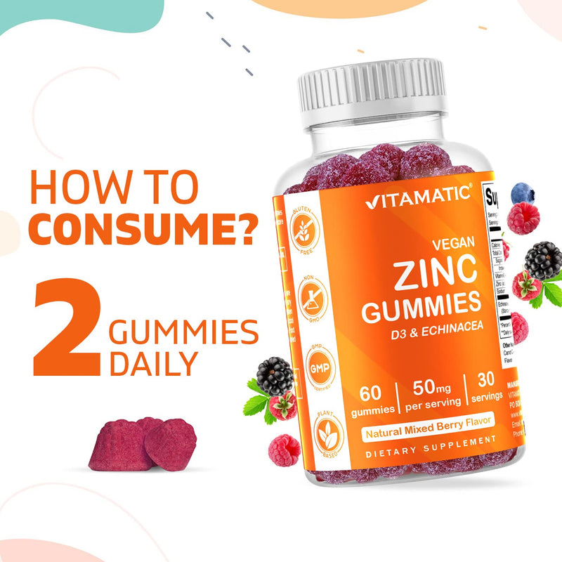 2 Pack - Vitamatic Zinc 50mg Gummies - 60 Vegan Gummies - Gluten Free - Healthy Immune Support for Adults, Men, Women - BeesActive Australia