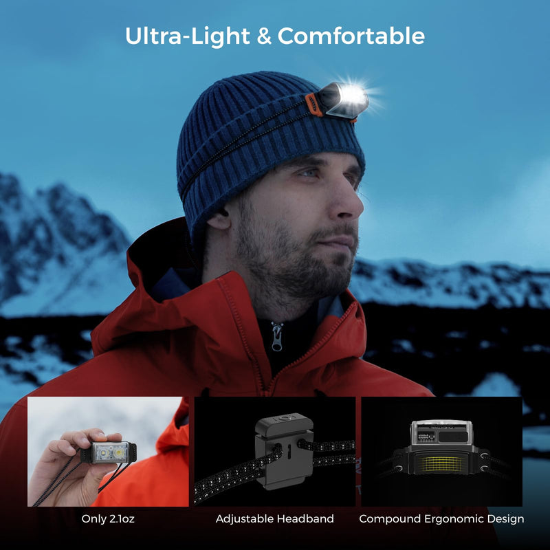 FLEXTAILGEAR 1-600 Lumen Ultra Bright Lightweight Headlamp, USB-C Rechargeable Outdoor Headlamp with White Red Light, Adjustable Headband for Camping, Back Packing, Hiking, Fishing Orange