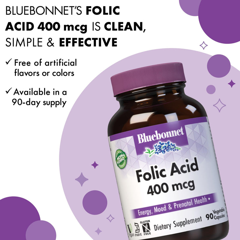Bluebonnet Nutrition Folic Acid 400 mcg, Prenatal & Postnatal Health*, Non-GMO, Vegan, Kosher Certified, Gluten-Free, Soy-Free, Dairy-Free, 90 Vegetable Capsules, 90 Servings | Prenatal & Postnatal Health; Non-GMO, Vegan, Kosher Certified, Gluten-Free,...