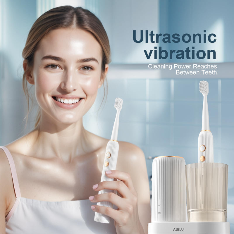 AJELU Electric Toothbrush Set with Drying & Sanitizing Holder, 8 Replacement Brush Heads, Transparent Rinse Cup, Smart Timer, USB Rechargeable for Adults White - BeesActive Australia