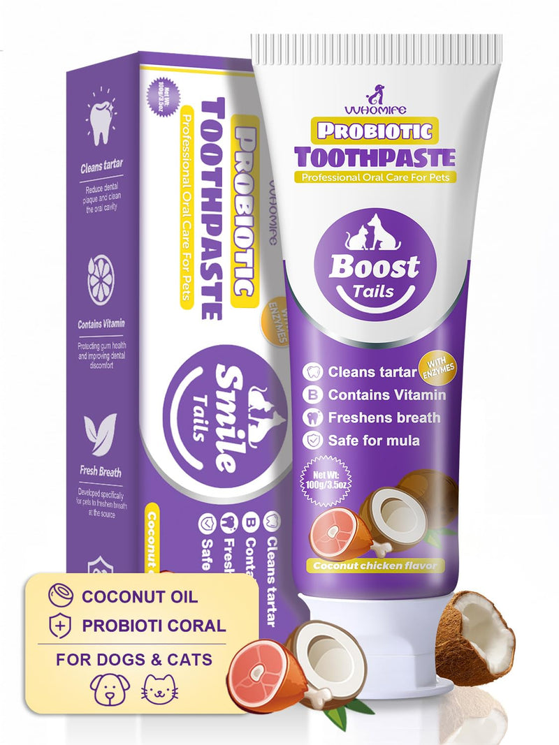 Natural Coconut Oil Dog & Cat Toothpaste for Fresh Breath + Medium-Soft Bristles Toothbrush