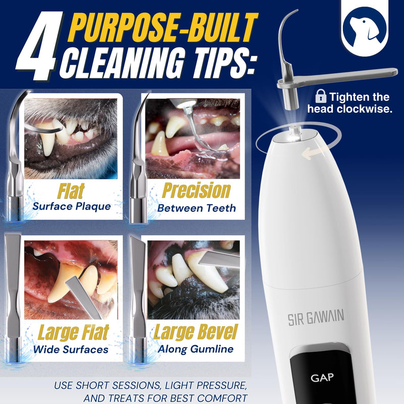 SIRGAWAIN Pet Ultrasonic Dental Cleaner — Plaque, Tartar & Stains Remover, 4 Tips, 3 Modes, LED, Contact-Activated & Smart Touch Protection, Complete Cleaning Kit for Dogs & Cats (White) - BeesActive Australia