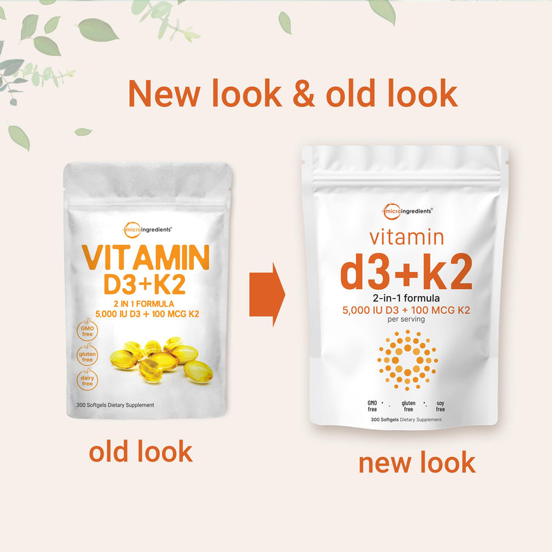 Micro Ingredients Vitamin D3 5,000 IU + K2 MK-7 100 mcg, 2 Pack (600 Softgels) | Liquid-Filled with Sunflower Oil | 2-in-1 Vitamins D & K Complex | Extra Strength, Easy to Swallow, Non-GMO, No Gluten 300 Count (Pack of 2)