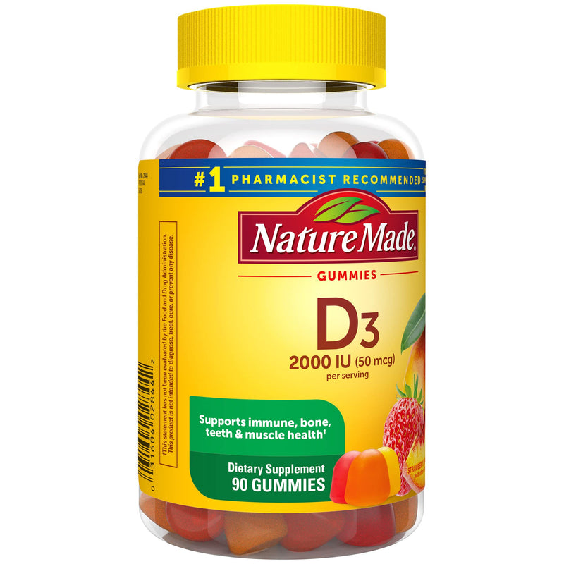 Nature Made Vitamin D3 2000 IU (50 mcg) per serving, Dietary Supplement for Bone, Teeth, Muscle and Immune Health Support, 90 Gummies, 45 Day Supply 031604028442 90 Count (Pack of 1) - BeesActive Australia