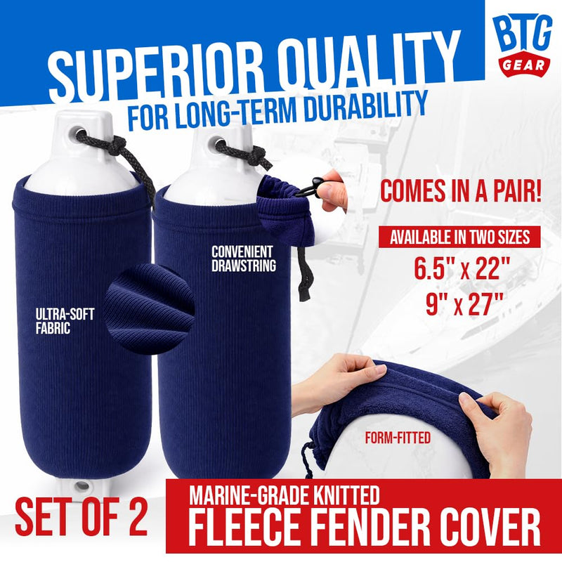 Set of 2 Pack Boat Fleece Fender Covers for Double Eyed Ribbed Fenders | Bumpers Covers (Navy Blue) G5 (9" x 27") - TWO PACK