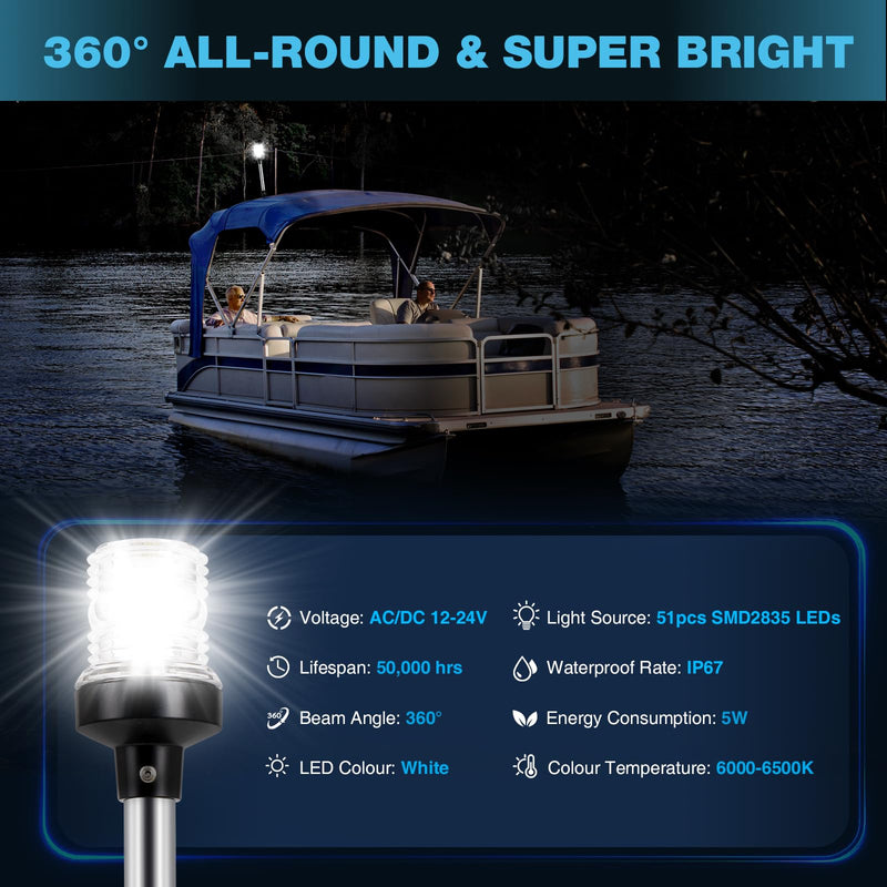 18 Inches Anchor Light Boat Stern Light Waterproof IP67, White Fold Down Marine Navigation Lights for Boats LED for Pontoon, Jon Boat and Bass Boats (12-24V) 18 Inches - BeesActive Australia