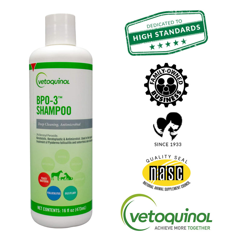 Vetoquinol BPO-3 Shampoo for Dogs, Cats & Horses (3% Benzoyl Peroxide) – 16oz – Deep Cleaning, Medicated Shampoo Opens & Flushes Hair Follicles – Degreases Oily Coats – Soothes Red, Flaky, Itchy Skin - BeesActive Australia