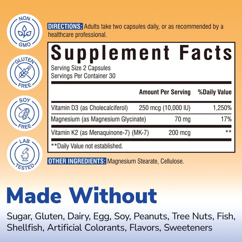 Vitalibre D3 K2 + Magnesium Supplement, 10000 IU Vitamin D3 & 200 mcg K2, with Magnesium Glycinate, Bone, Teeth, Immune & Energy Support, High Absorption, Non-GMO, Easy to Swallow, 60 Capsules 60 Count (Pack of 1)
