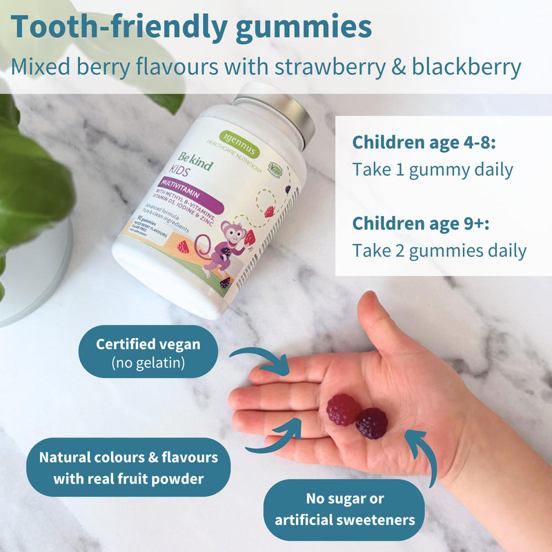 Igennus Methylated Kids Multivitamin Gummy, MTHFR, No Artificial Sweeteners or Flavors, Sugar Free, Age 4+, 90 Natural Berry Flavor Gummies from Fruit Powder, Non-GMO, Halal, Clean Label 90 Count (Pack of 1) - BeesActive Australia