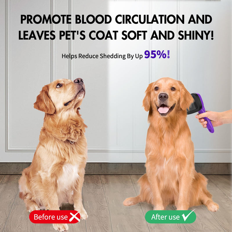 Dog Self Cleaning Slicker Brush for Shedding, Ideal for Short Long Haired Dogs, Including Cat. Removes Loose Fur, Undercoat, Mats, Tangled Hair. Suit for Large Medium Small Animal, Purple - BeesActive Australia