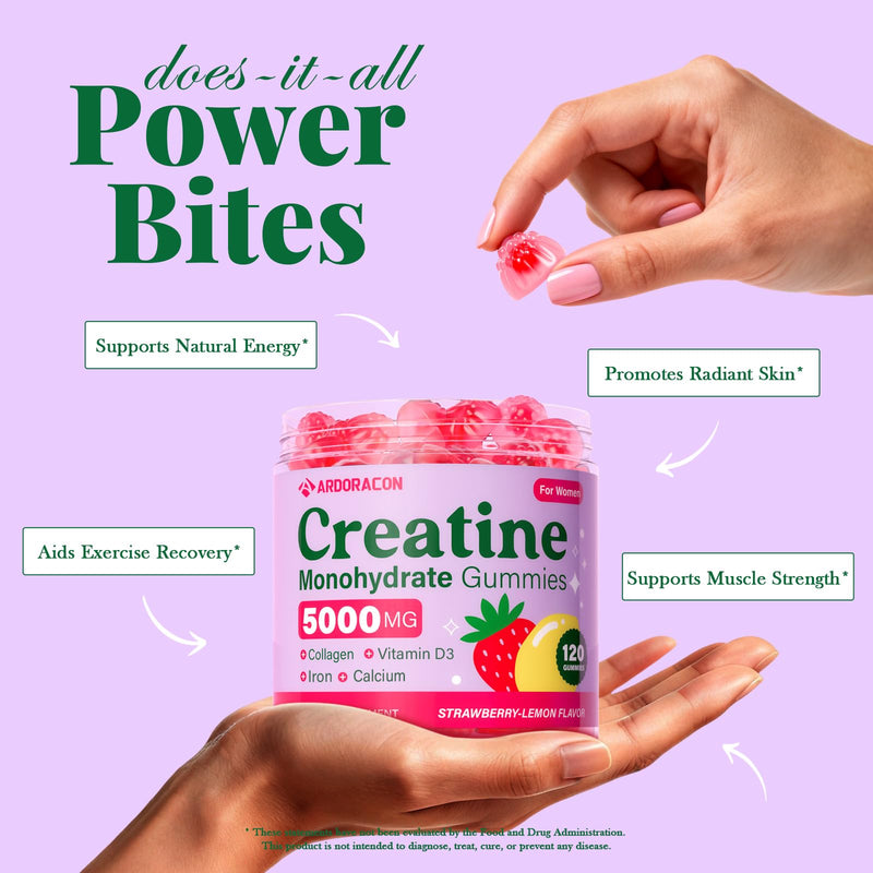 Creatine for Women, Creatine Monohydrate Gummies with Collagen, Vitamin D3 & Calcium for Muscle Support & Energy, Flavored Sugar Free Creatine Gummies Post & Pre Workout Supplements for Women, 120 Ct 120 Count (Pack of 1)