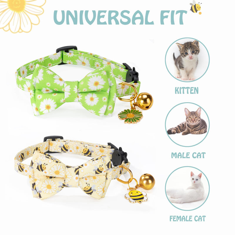 Breakaway Cat Collar with Cute Bow Tie Bell 2Pack Daisy Bee Cat Collar for Male Female Soft Cotton Kitty Kitten Collar Cute Cat Collar Ideal for Girl Cats Boy Male Cats Daisy & Bee - BeesActive Australia