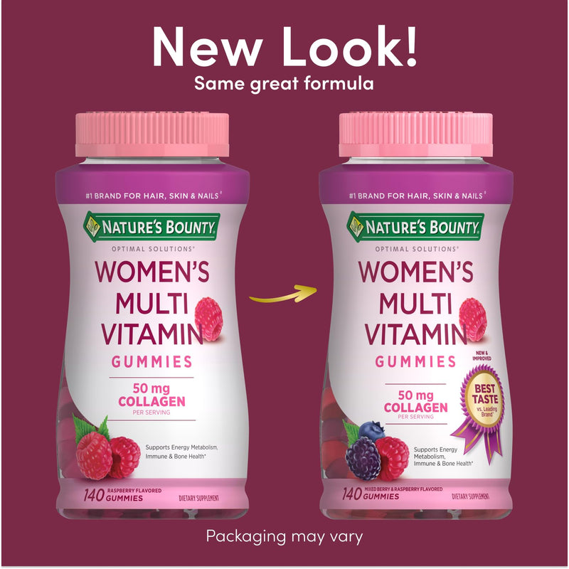 Nature's Bounty Optimal Solutions, Women's Multivitamin Gummies for Immune Support, Cellular Energy Support, Bone Health, Raspberry Flavor, 140 Ct, 70 Total Servings 140 Count (Pack of 1)