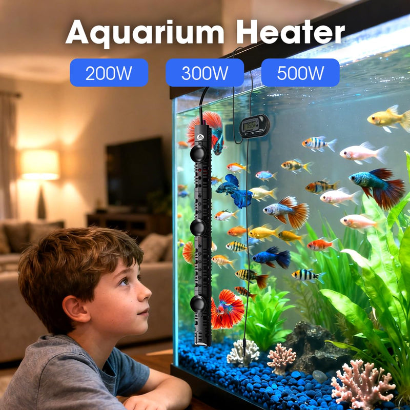MQ Submersible Aquarium Heater Auto Thermostat, 300W Fish Tank Heater for 35-60 Gallon with LCD Digital Aquarium Thermometer, Shatter-Proof and Blast-Proof 300W for Fish Tank 35-60 Gallon