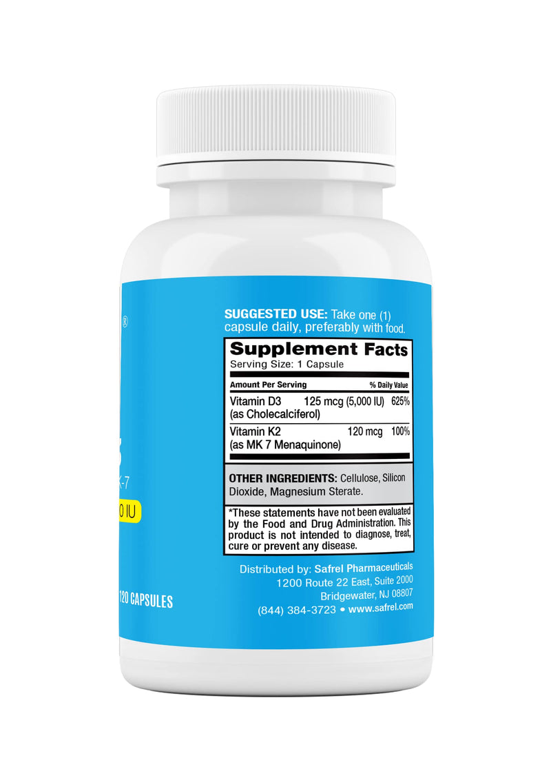 Safrel Vitamin K2 (MK7) 120 MCG and D3 5000 IU Supplement per Capsule, Supports Calcium Absorption for Bone, Immune and Heart Health, Easy to Swallow K2 and D3, Non-GMO, 120 Count
