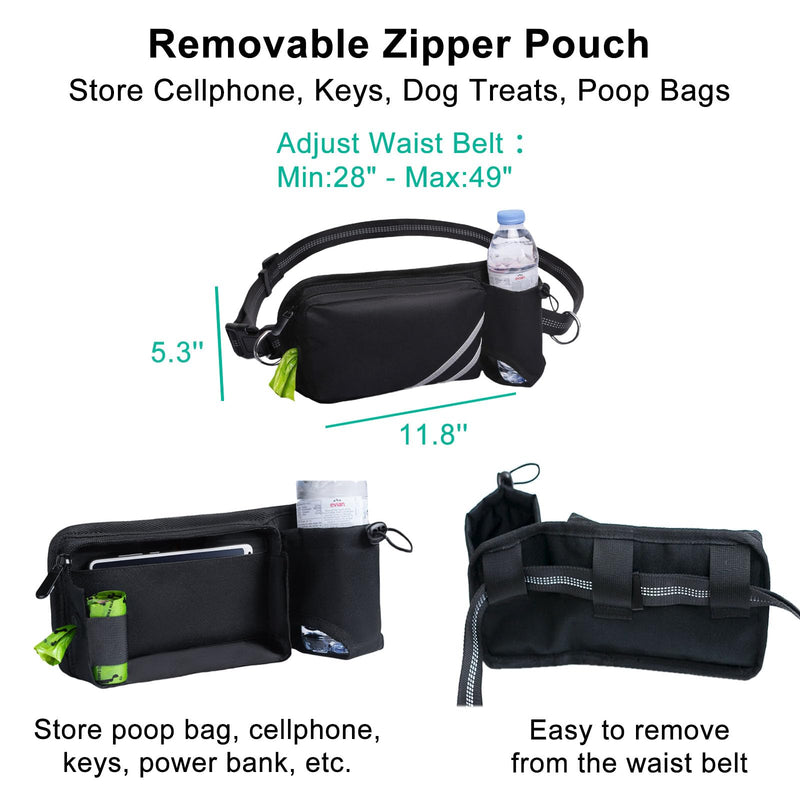 Hands Free Dog Leash with Pouch, Waist Leash for Dog Walking with Water Bottle Holder, Reflective Stitching, Dual Handle, Bungee Retractable Running Medium to Large Black 25-120 lbs Black- With Water Bottle Holder For 1 Dog