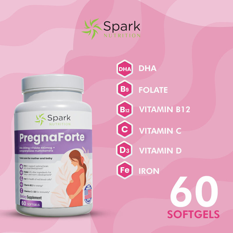 Pregnaforte 1 a day Prenatal vitamins for women 2 month: Folic acid, Fish Oil Omega 3 DHA/EPA, Vitamin D3, B6, Vitmain B12, C, E, Calcium, Iron, Magnesium, Zinc supplement FSA HSA eligble multivitamin