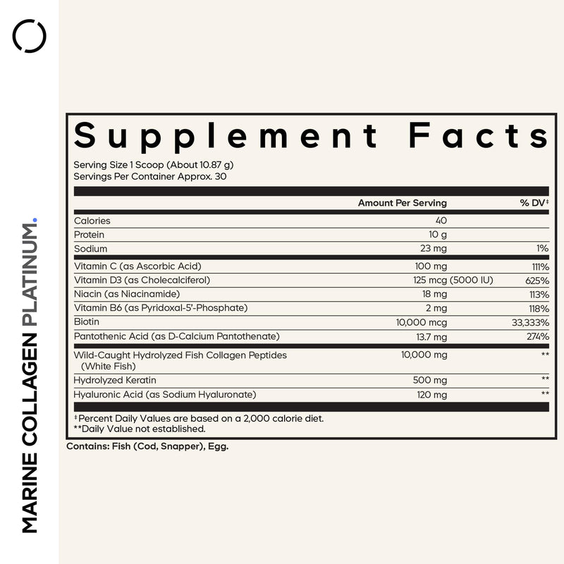 Codeage Marine Collagen Powder, Biotin 10000mcg, Hyaluronic Acid, 11 oz | Marine collagen supplement powder with biotin 10,000 mcg, keratin, vitamins C, D3, B6 and hyaluronic acid. Non-GMO.