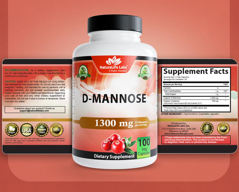 NaturaLife Labs Organic D-Mannose 1300 mg with Organic Cranberry Extract 100 mg per Serving – 100 Capsules – Non-GMO, Gluten-Free, Vegan 1 - BeesActive Australia