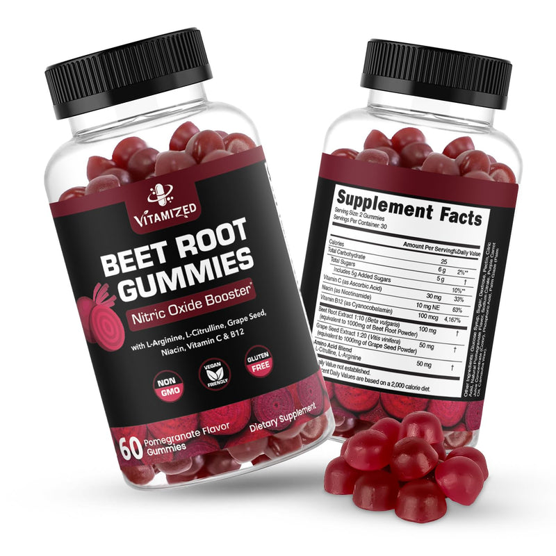 Beet Root Gummies w Grape Seed - Vitamin C, B12, L-Arginine & L-Citrulline | for Circulation Flow & Heart Healthy Energy - Pomegranate Flavor, 60 Count Potent