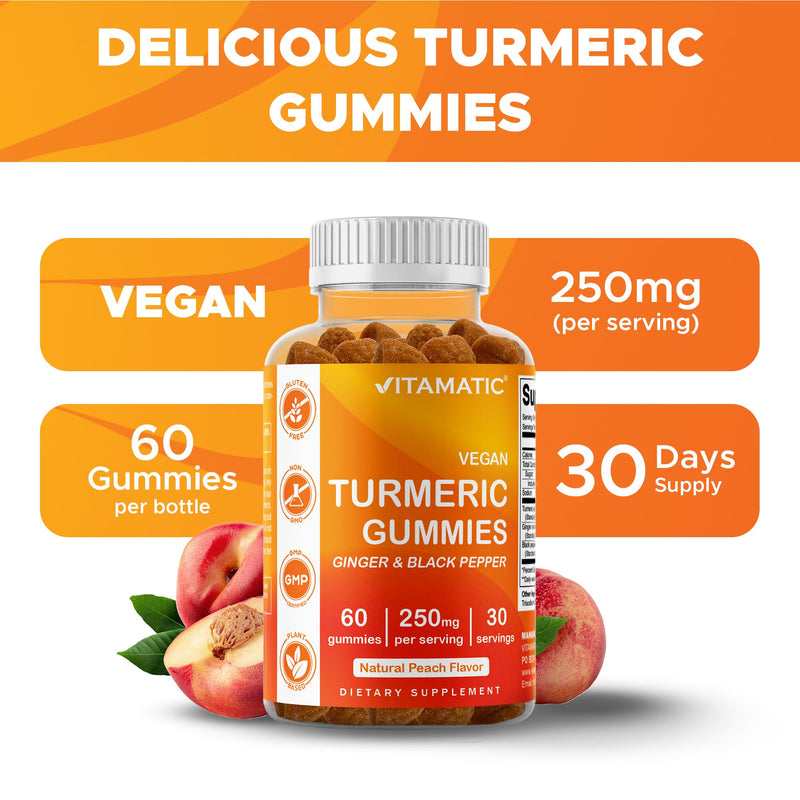 Vitamatic Vegan Turmeric Gummies with Ginger & Black Pepper, 60 Count | 95% Curcuminoids and piperine, Supports Inflammatory & Antioxidant Activity*, Natural Peach Flavor, Gluten Free, Non-GMO
