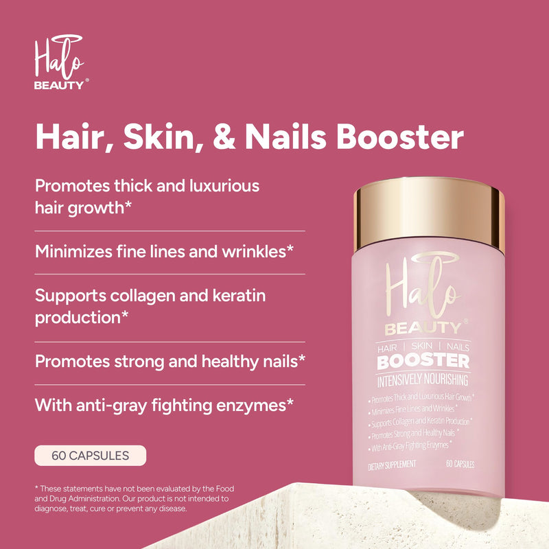 Halo Beauty Hair Skin & Nails Supplement | Thicker Hair Growth, Radiant Skin & Strong Nails Support with Biotin, Saw Palmetto & Phytoceramides | Vegan Capsules | Made in USA | 1-Month Supply 60 Count (Pack of 1)