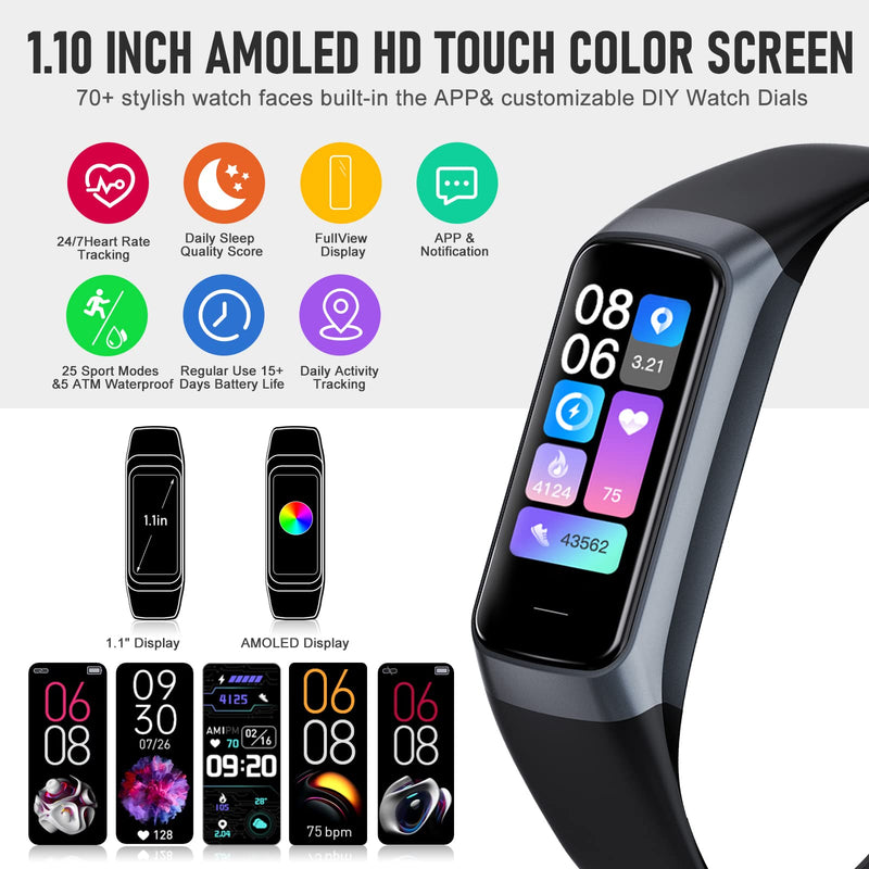 Fitness Tracker, Activity Trackers with 24/7 Heart Rate, Blood Oxygen Blood Pressure Sleep Monitor, Step Counter with 1.1" AMOLED Touch Color Screen, Calorie Pedometer Health Smart Watch for Women Men black