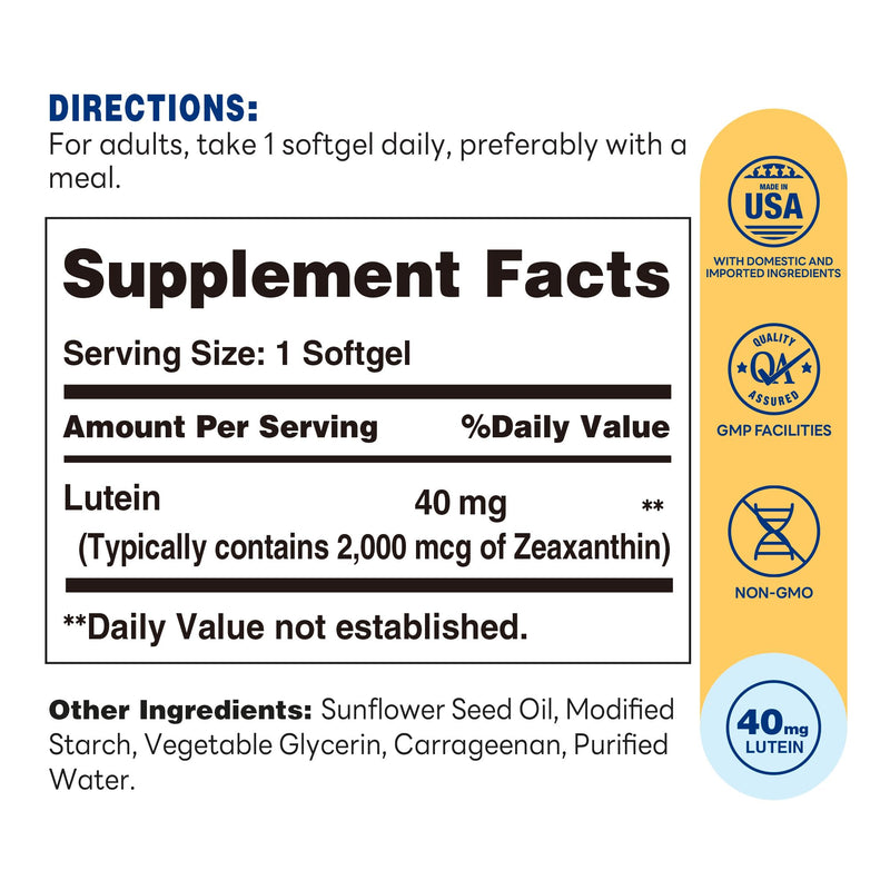 Vitamin World Lutein 40mg with Zeaxanthin 2mg, 60 Softgels | Eye Health & Vision Support Supplement, Helps Filter Blue Light, Non-GMO, Gluten Free, Vegetarian, 2 Month Supply