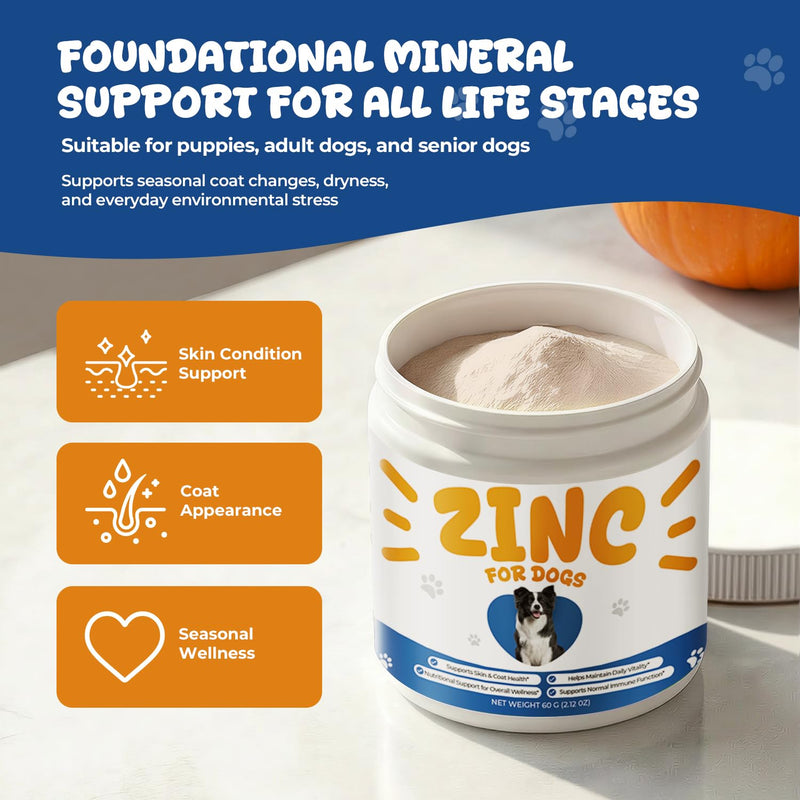 Zinc Supplement for Dogs, Skin & Coat Support, Vitamin E & Biotin Powder | Daily Zinc Powder with Vitamin E, Selenium & Biotin Supports Skin, Coat, Immune Wellness & Daily Mineral Support, 60 g