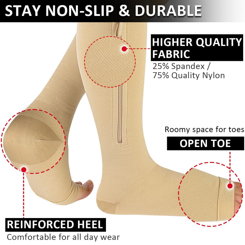 Ailaka Medical Compression Socks with Zipper, Knee High 15-20 mmHg Compression Socks for Women Men, Open Toe Support Socks for Varicose Veins, Edema, Recovery, Pregnant, Nurse 2X-Large (1 Pair) Beige