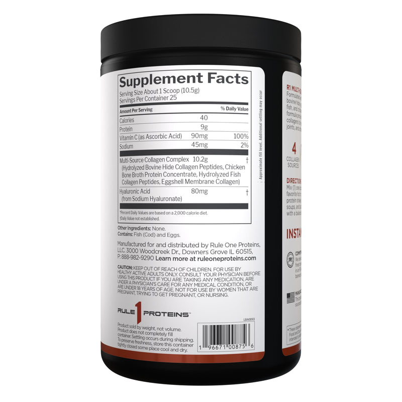 Rule 1 Proteins Multi-Source Collagen, Unflavored, 25 Servings | Bovine, Chicken, Fish & Eggshell Collagen Sources + Hyaluronic Acid & Vitamin C for Hair, Skin, & Nail Support